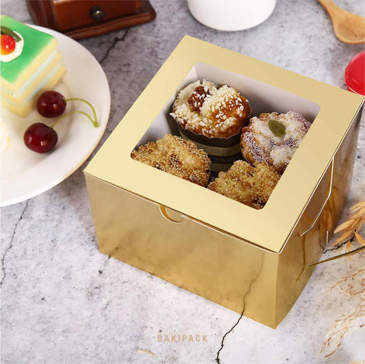 25 Gold Bakery Boxes with Window, 6x6x4 Inches Cake Boxes with Window, Treat Boxes for Small Bakery, Dessert, Candy, Cookies, Pastry, Party Favors, Wedding Cake