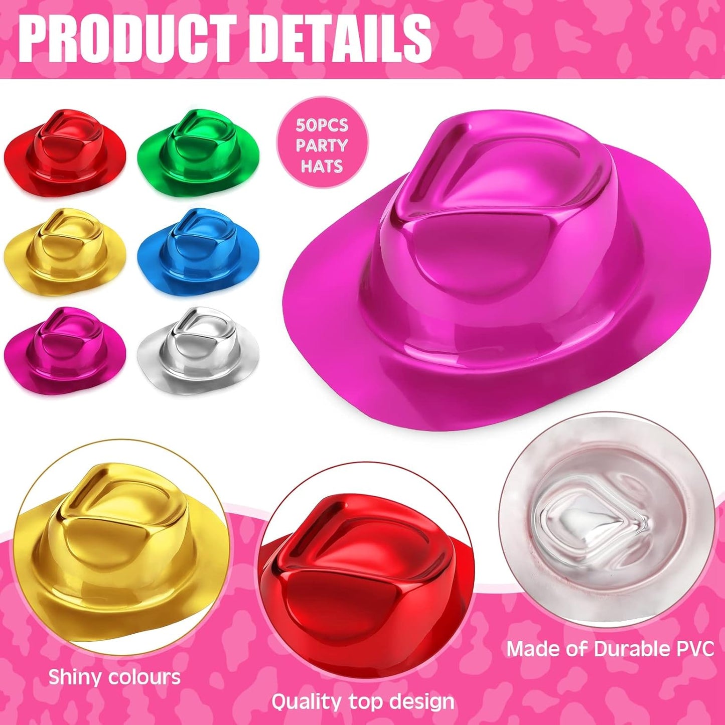 Handepo 48 Pcs Hats Party Metallic Colors Plastic Crazy Hats for Adults Cowboy Bulk Party Supplies Dress Costume Photo