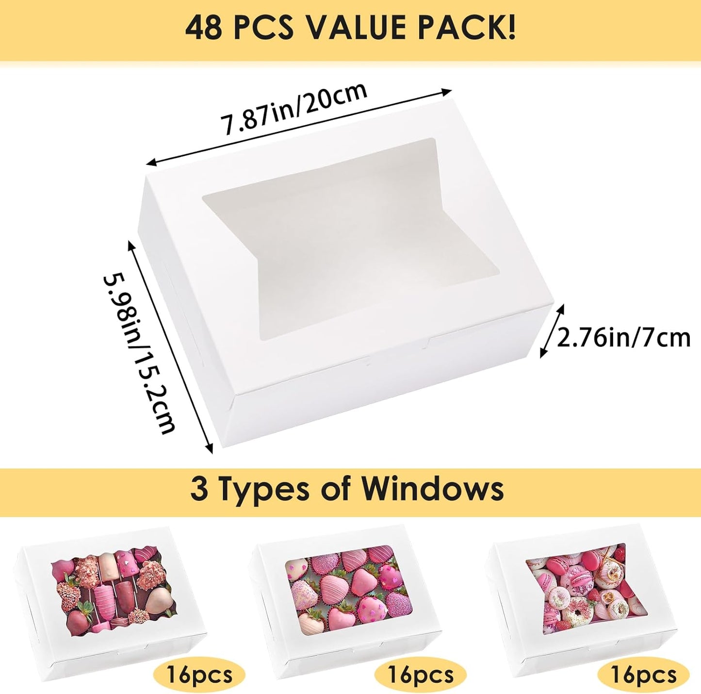 Moretoes 48pcs Bakery Boxes,12x8x2.5 Inches Cookie Boxes with 3 Style Window for Chocolate Covered Strawberries, Desserts, Cookies, with 4pcs Stickers