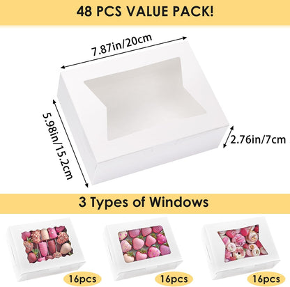 Moretoes 48pcs Bakery Boxes,12x8x2.5 Inches Cookie Boxes with 3 Style Window for Chocolate Covered Strawberries, Desserts, Cookies, with 4pcs Stickers