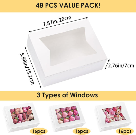 Moretoes 48pcs Bakery Boxes,12x8x2.5 Inches Cookie Boxes with 3 Style Window for Chocolate Covered Strawberries, Desserts, Cookies, with 4pcs Stickers