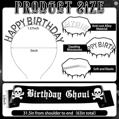 Zeyune 2 Pcs Goth Birthday Decorations Black Gothic Birthday Ghoul Sash with Headband for Girl Women Gothic Spooky Gifts Emo Horror Vampire Party Decorations(Silver,Skull)