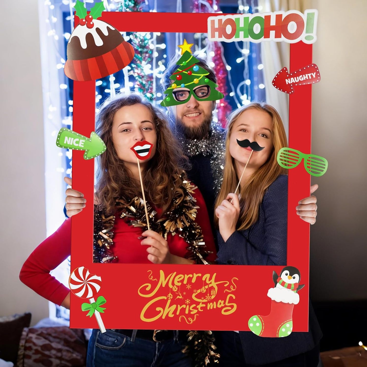 32Pcs Movie Night Photo Booth Props with 23X31Inch Plastic Picture Frame Selfie Props DIY Pictures Frame with Cutouts Stickers for Birthday Party Supplies
