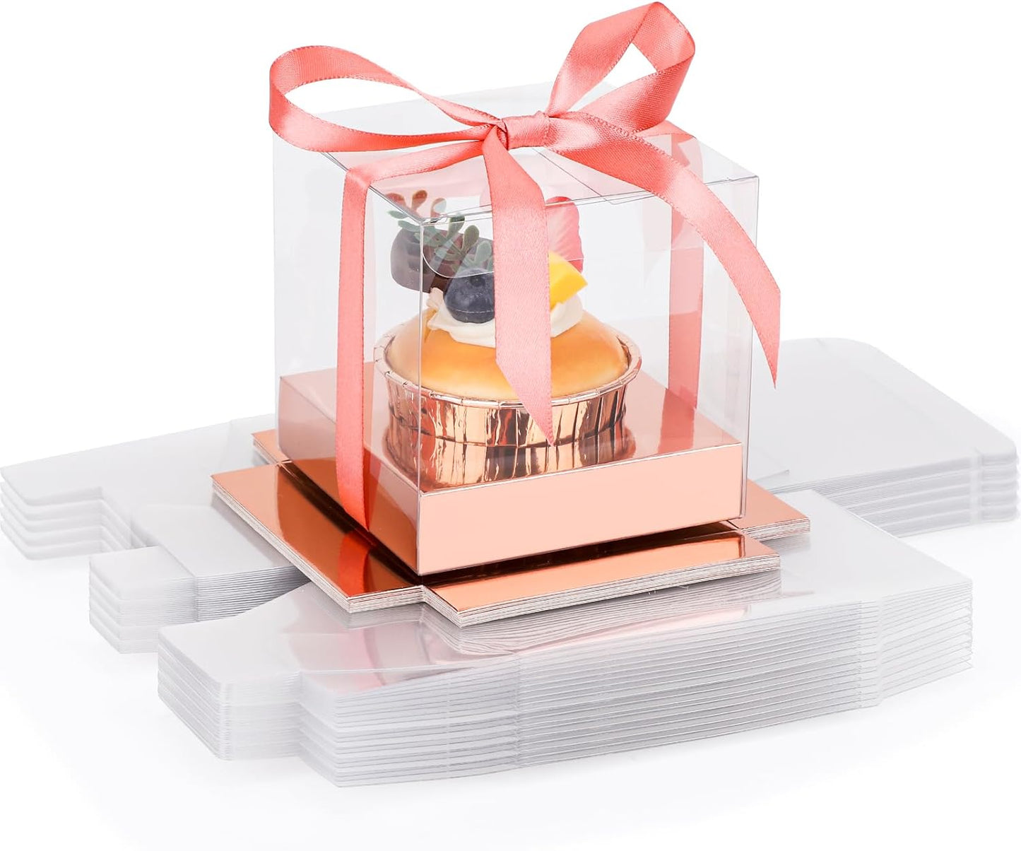EUSOAR Individual Cupcake Holder, 50pcs 3.5 Inch Plastic Black Cupcake Containers with Lids, Single Transparent Display Clear Cupcake Carrier with Ribbon and Inserts for Wedding Party Favor