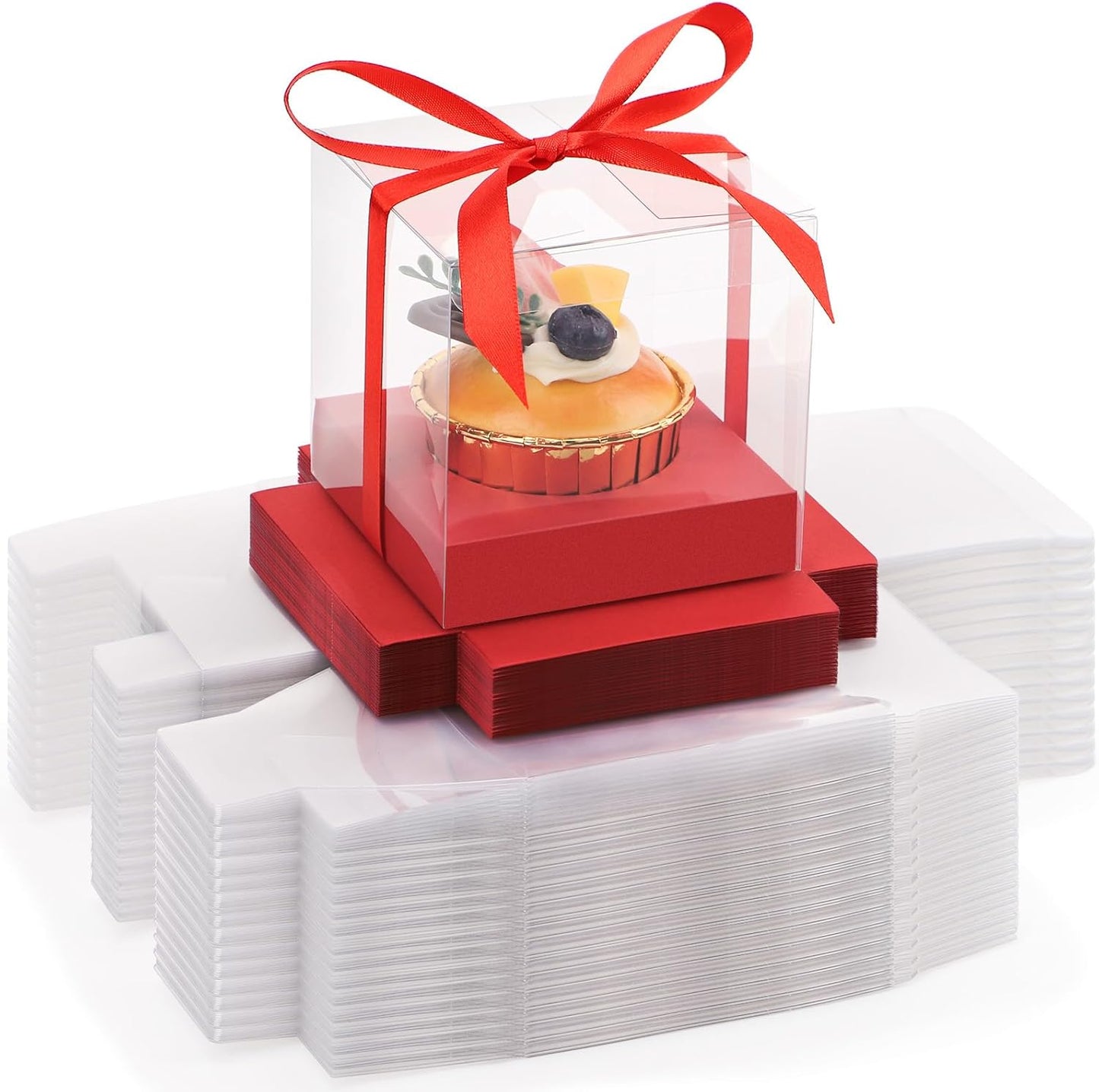 EUSOAR Individual Cupcake Holder, 50pcs 3.5 Inch Plastic Black Cupcake Containers with Lids, Single Transparent Display Clear Cupcake Carrier with Ribbon and Inserts for Wedding Party Favor