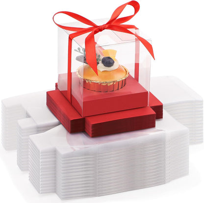 EUSOAR Individual Cupcake Holder, 50pcs 3.5 Inch Plastic Black Cupcake Containers with Lids, Single Transparent Display Clear Cupcake Carrier with Ribbon and Inserts for Wedding Party Favor