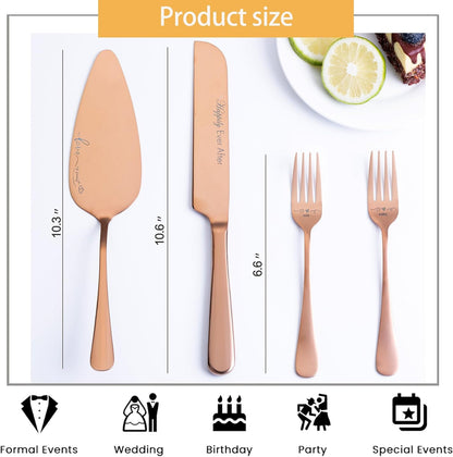 Wedding Cake Knife and Server Set with Forks, Engraved Cake Cutting Set for Wedding Anniversary Christmas Engagement（Gold