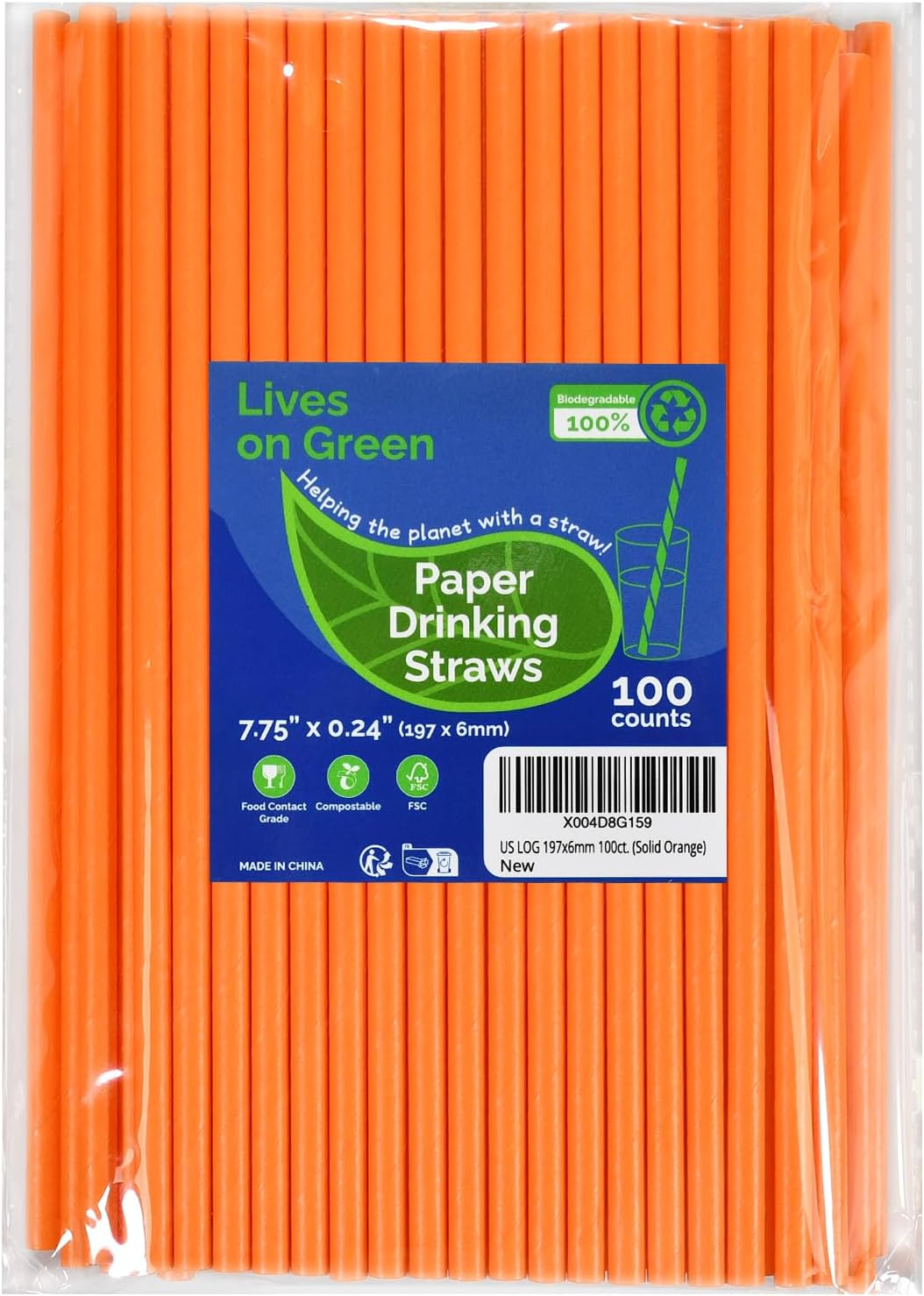 Disposable Paper Straws Solid Green - 7.75'' x 0.24'', 100 Counts - for Drinking, Beverage, Juice, Soda, Bar Supplies