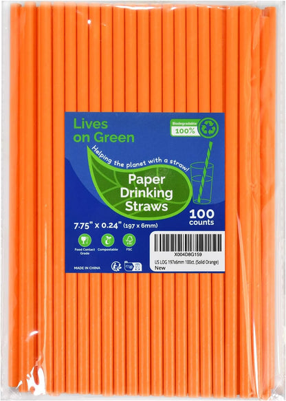 Disposable Paper Straws Solid Green - 7.75'' x 0.24'', 100 Counts - for Drinking, Beverage, Juice, Soda, Bar Supplies