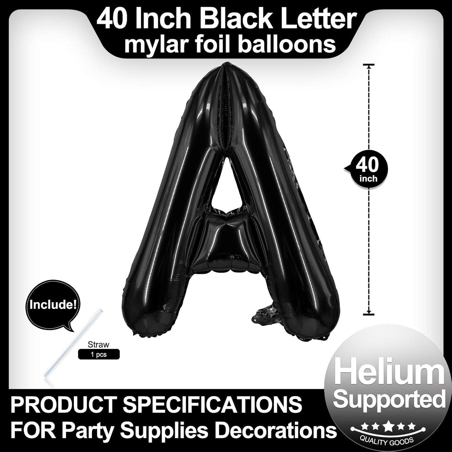 40 Inch Black Letter A Balloons, DIY Phrase Foil Alphabet Letter A Balloons DIY Word A Banner for Birthday Anniversary Celebration Graduation Party Supplies Decoration