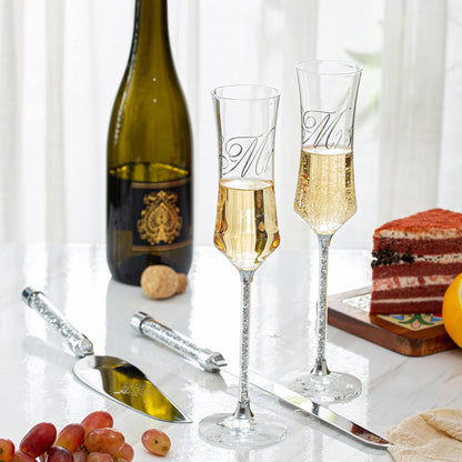 Wedding Cake Knife and Server Set, Wedding Cake Cutting Set with Mr and Champagne Flutes Glasses for Bride and Groom Gifts for Couples