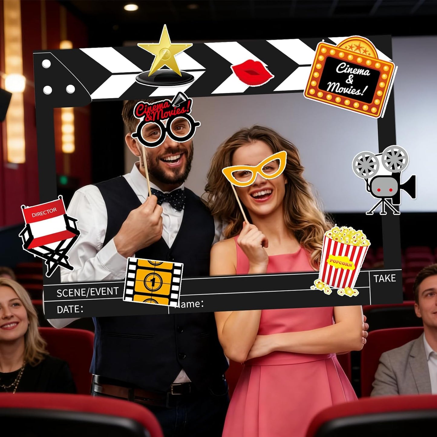 32Pcs Movie Night Photo Booth Props with 23X31Inch Plastic Picture Frame Selfie Props DIY Pictures Frame with Cutouts Stickers for Birthday Party Supplies