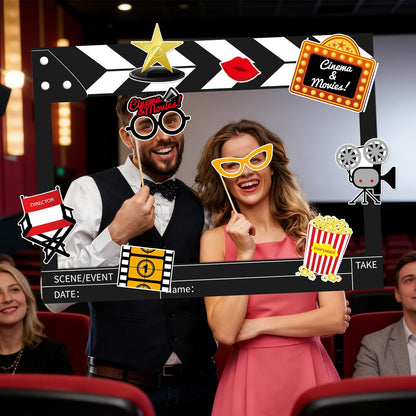 32Pcs Movie Night Photo Booth Props with 23X31Inch Plastic Picture Frame Selfie Props DIY Pictures Frame with Cutouts Stickers for Birthday Party Supplies