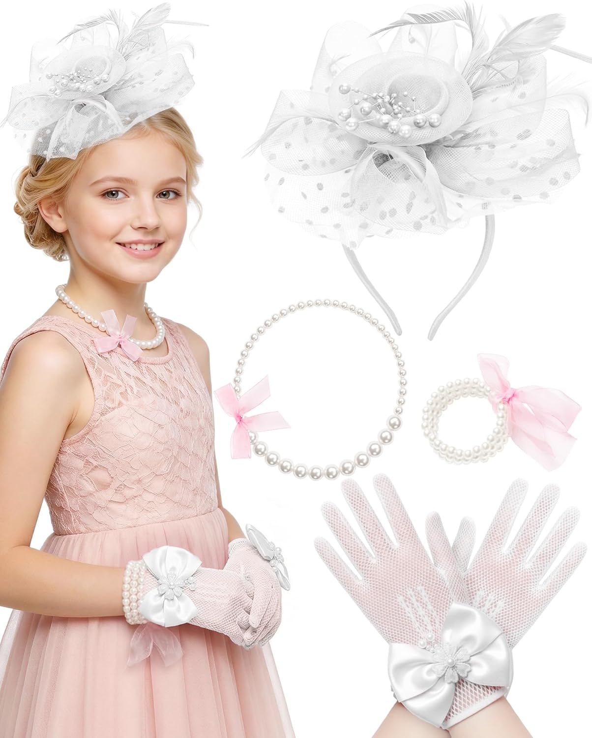 Girls Tea Party Fascinators Hats for Kids Fascinator Tea Party Hat Headband with Gloves Accessories for Girls