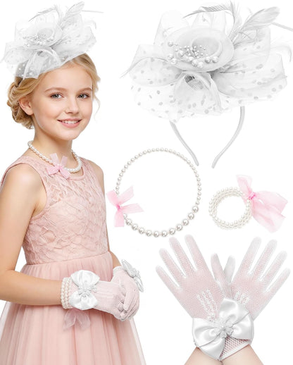 Girls Tea Party Fascinators Hats for Kids Fascinator Tea Party Hat Headband with Gloves Accessories for Girls