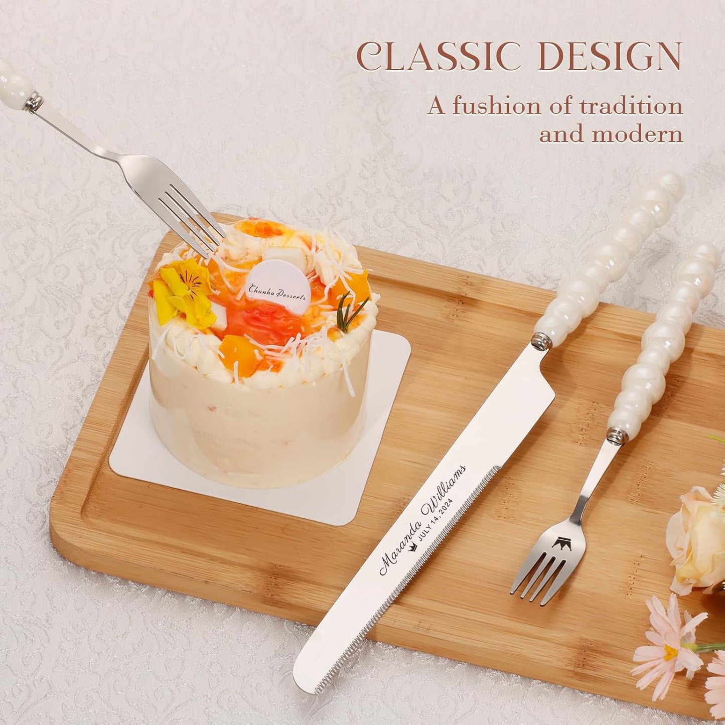 Pearl Wedding Cake Knife and Server Set with Forks, Cake Cutting Set with Stainless Steel Serrated Edges, Silver Pie Cutter Pizza Spatula, Gift for Bridal Couples Engagement (Mr & Mrs)