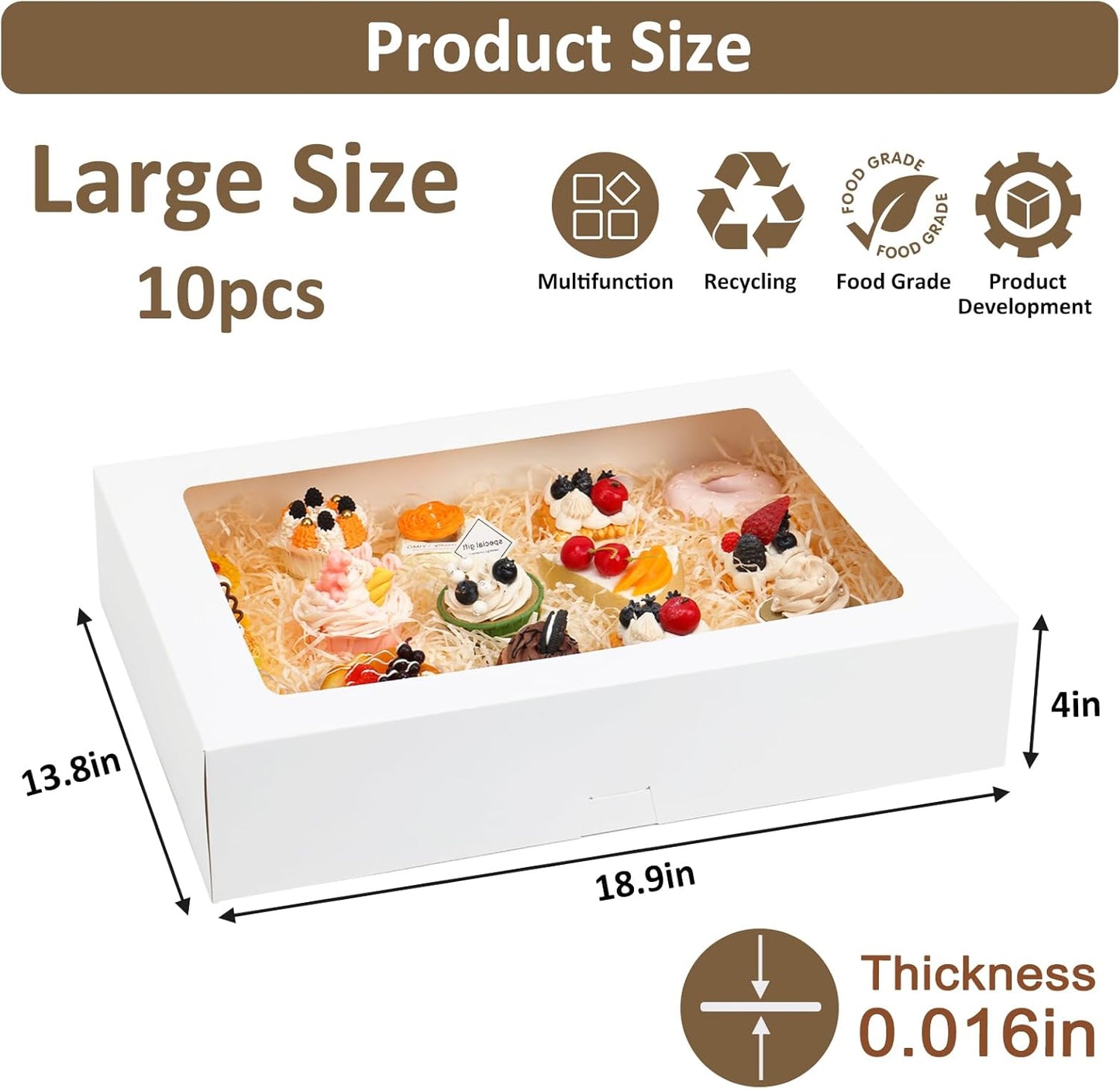 Moretoes 10pcs 19x14x4in Half Sheet Cake Boxes with Window, White Cookie Boxes, for Pastry Baking Cake Donuts Cupcake Pie Packaging