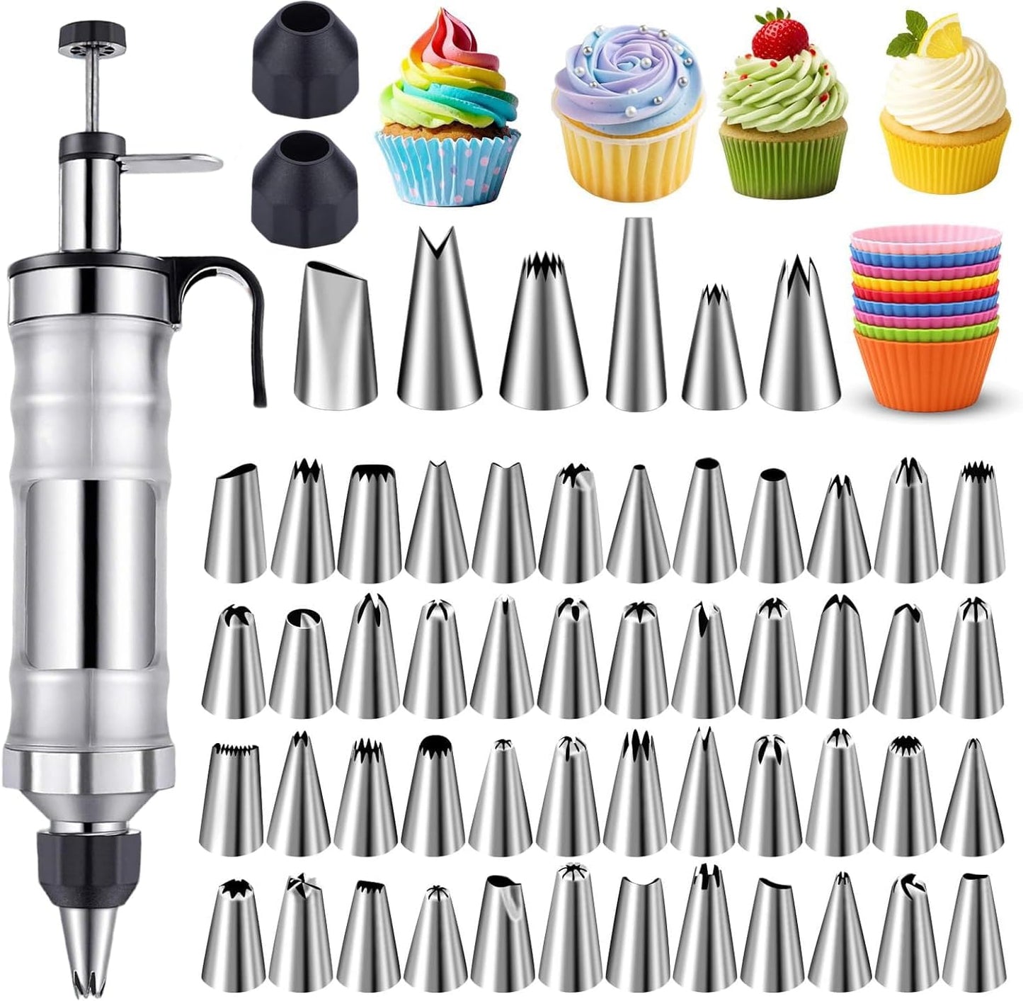 NOVANO Dessert Decorating Syringe Set, Frosting Piping Kit Stainless Steels Cake Decorating Kit with 54 Piping Tips & 9 silicone cupcakes, Cupcake Decorating Kit Piping Bags and Tips Set