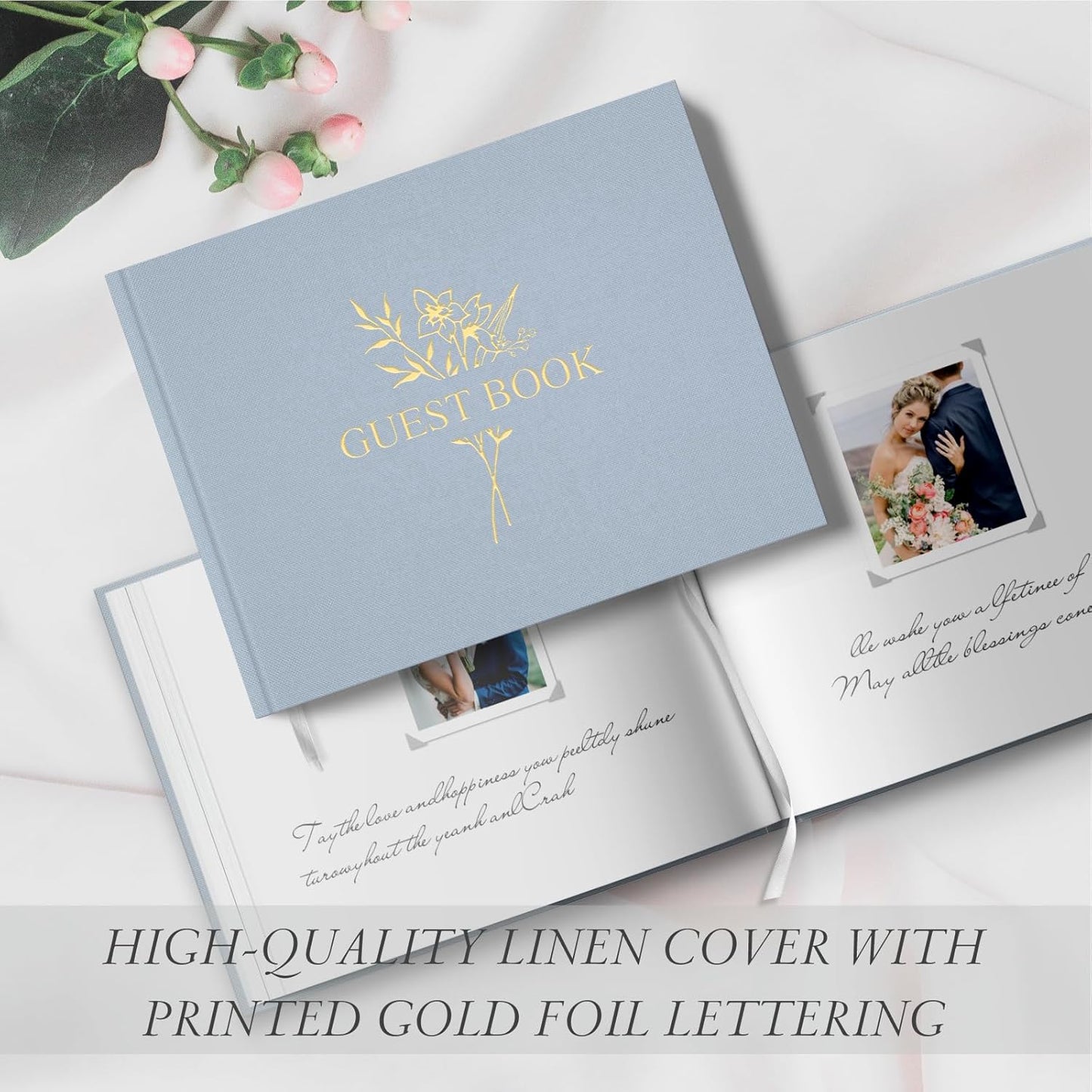 Wedding Guest Book for Memorial Service with 216 Photo Corners Stickers, Linen Guestbook to Sign at Bridal Shower or Wedding Reception Party,100 Pages, Blank Thick Paper Books for Baby Shower- Sage