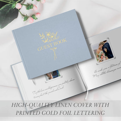 Wedding Guest Book for Memorial Service with 216 Photo Corners Stickers, Linen Guestbook to Sign at Bridal Shower or Wedding Reception Party,100 Pages, Blank Thick Paper Books for Baby Shower- Sage