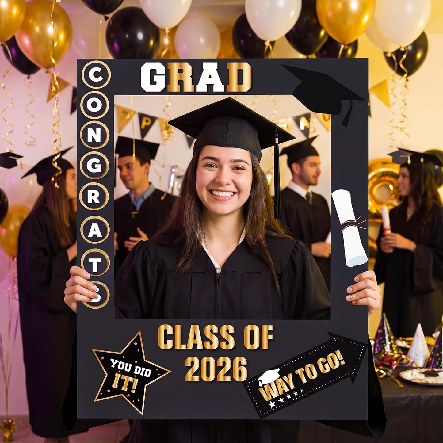 RattanView 2026 Graduation Photo Booth Props Frame Class of 2026 Congrats Grad Selfie Picture Frame, Cardboard Large Photo Booth Prop for High School & College Graduation Party Decorations
