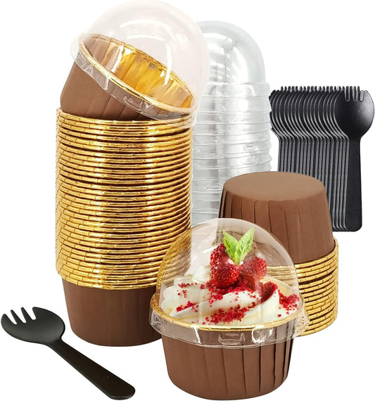 Cupcake Liners with Lids 50 Pack,LNYZQUS 5oz Large Foil Cupcake Cups Muffin Tins,Disposable Baking Cups Muffin Liners Wrappers Holders for Wedding Valentine-Pink in gold