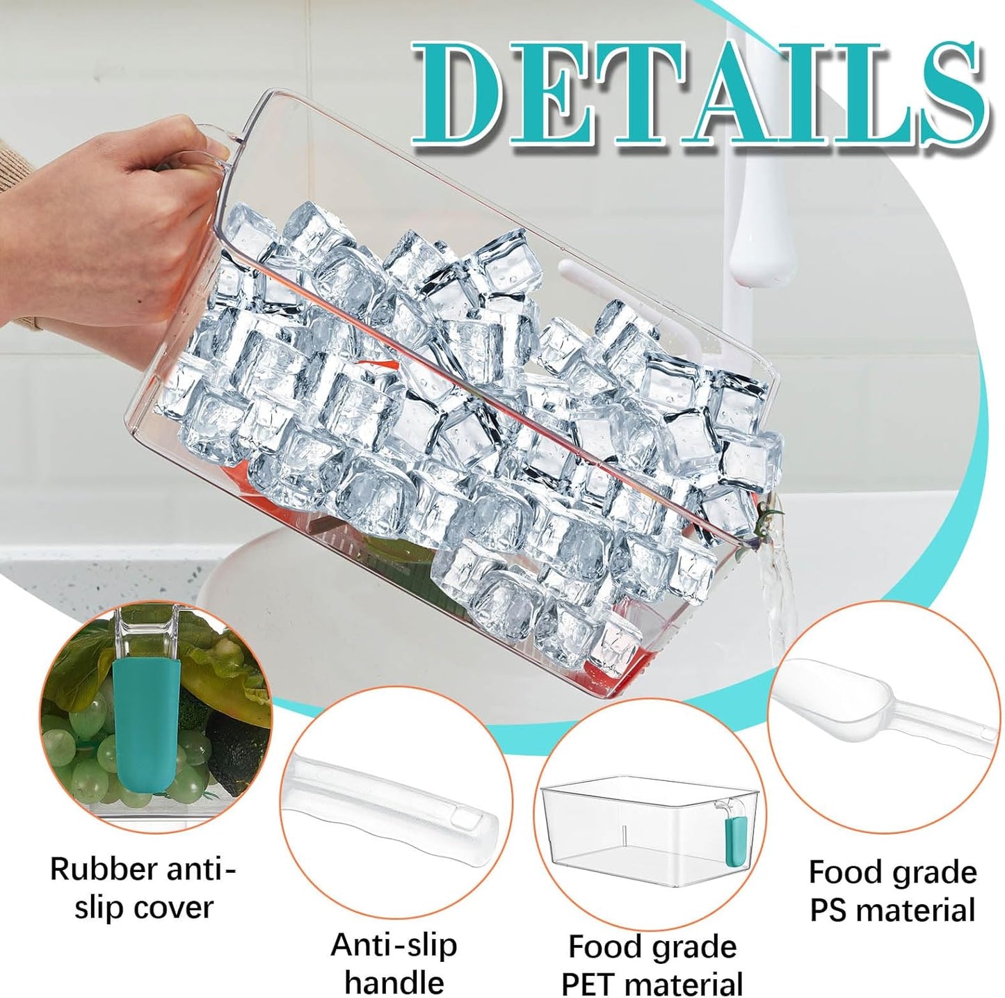 Havawish Ice Storage Bin and Flexible Scoop Set Plastic Freezer Bin with Pull Out Handle Storage Bucket Clear for Container with Scoop(Grey,10.83 x 4.92 x 4.33 in,Classic)