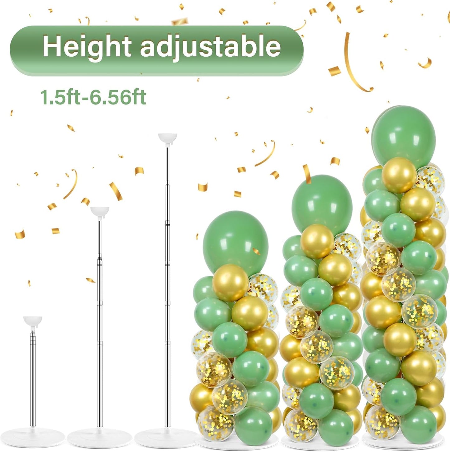 2 Set Black and Gold Balloons Column Stand Kit with 100 Balloons Adjustable Balloon Stand with Bases for Floor Black Gold Confetti Balloon Column Kit for Bridal Shower Valentine Birthday Party Decor