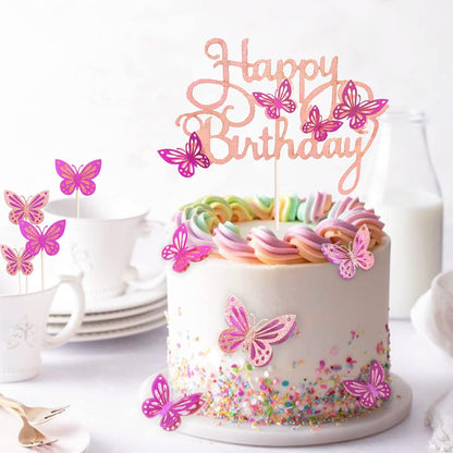 13-Pieces 3D Butterfly Cupcake Topper for Girls Women's Happy Birthday Cake Decorations Party Decorations(Pink)