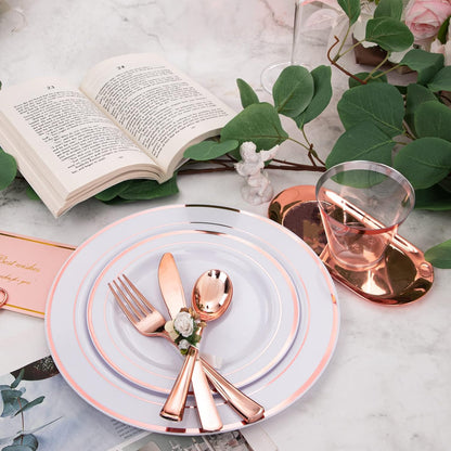 WELLIFE 350-Piece Gold Disposable Plates and Cutlery Set - Premium 10.25" Dinner Plates, 7.5" Dessert Plates, 9oz Cups & Cutlery for Weddings, Catering Events - 50 Guest Service - Elegant & Sturdy