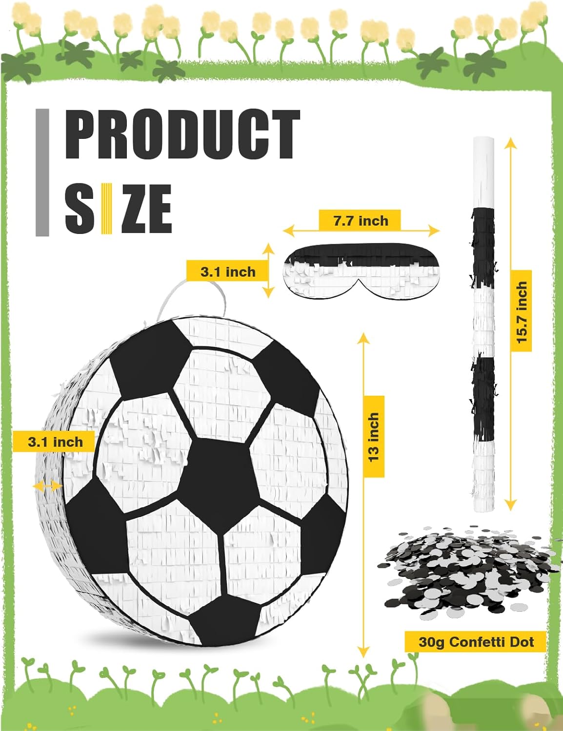 Soccer Piñata – Includes Wooden Stick, Blindfold, and Confetti – 13"x13"x3" – Perfect for Sports Party Decorations and Soccer Pinatas for Birthday Party