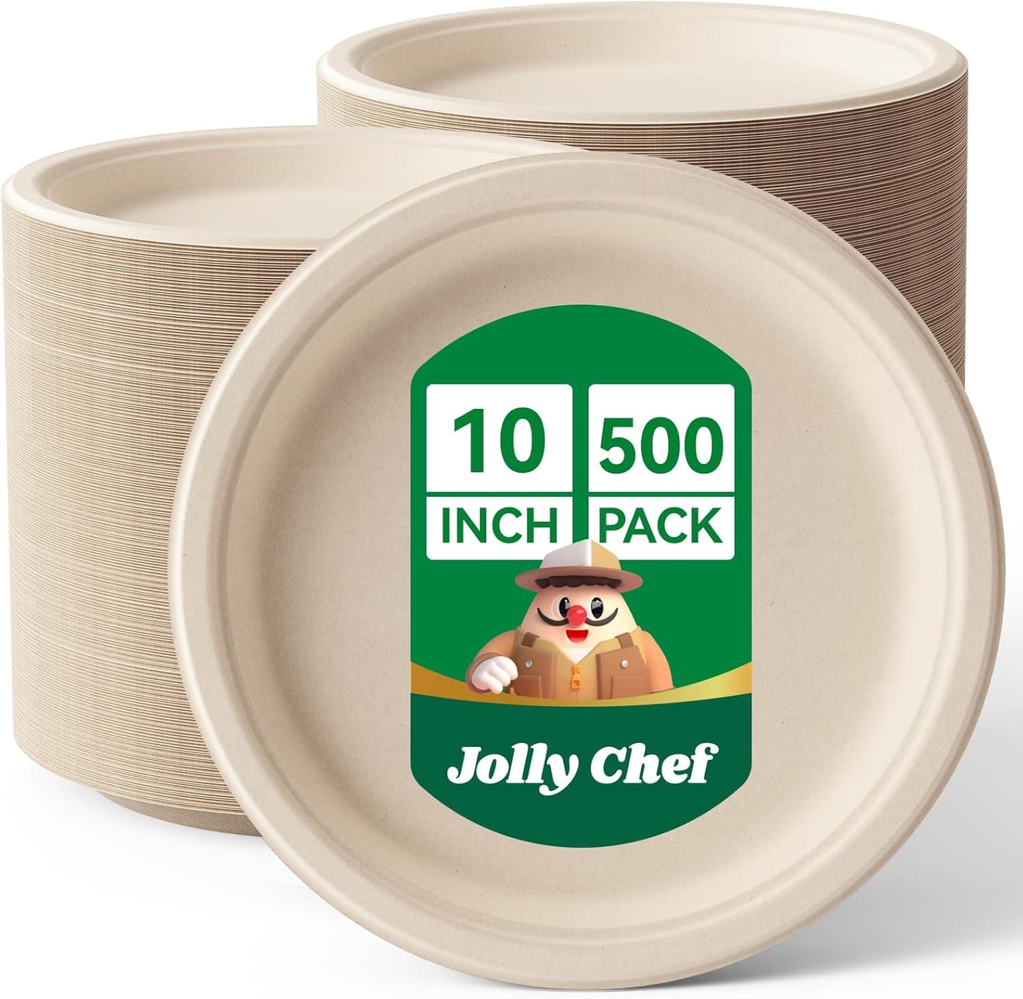 JOLLY CHEF Compostable Heavy Duty Plates 𝟭𝟬 𝗜𝗻𝗰𝗵 [𝟯𝟬𝟬 𝗣𝗮𝗰𝗸] Eco-Friendly Disposable Paper Plates Made of Bagasse Biodegradable Bulk for Party Dinner Sugarcane Thanksgiving Day (Natural)