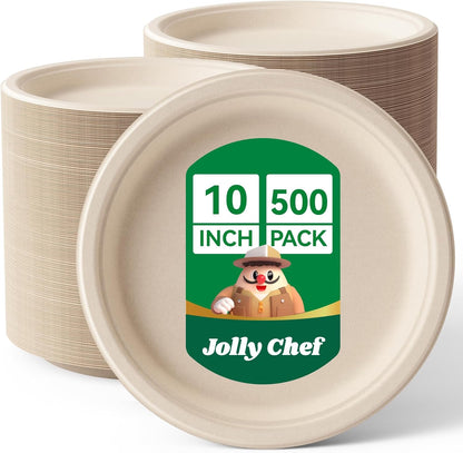 JOLLY CHEF Compostable Heavy Duty Plates 𝟭𝟬 𝗜𝗻𝗰𝗵 [𝟯𝟬𝟬 𝗣𝗮𝗰𝗸] Eco-Friendly Disposable Paper Plates Made of Bagasse Biodegradable Bulk for Party Dinner Sugarcane Thanksgiving Day (Natural)