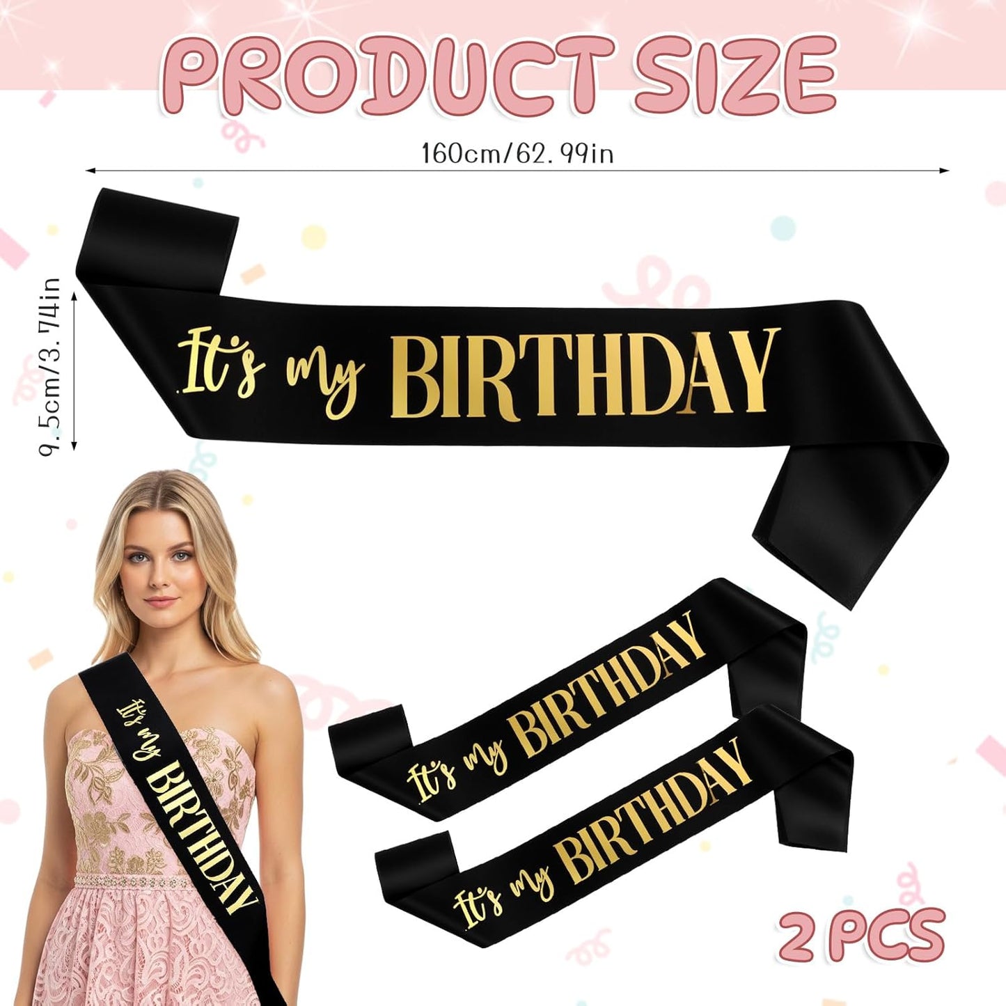 It's My Birthday Sash 2 Packs Birthday Sash for Women Black and Blakc Happy Birthday-Sash for Women Men Birthday-Party Gifts