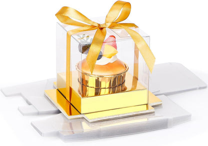 EUSOAR Individual Cupcake Holder, 50pcs 3.5 Inch Plastic Black Cupcake Containers with Lids, Single Transparent Display Clear Cupcake Carrier with Ribbon and Inserts for Wedding Party Favor