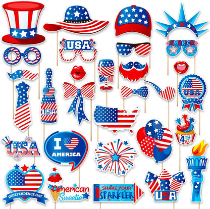 Independence Day Photo Booth Props with Sticks,4th of July Photo Booth Props,Patriotic Party Decorations (25CT)