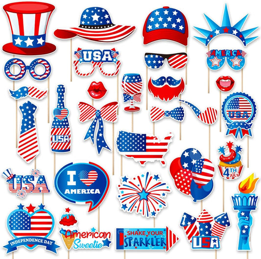 Independence Day Photo Booth Props with Sticks,4th of July Photo Booth Props,Patriotic Party Decorations (25CT)