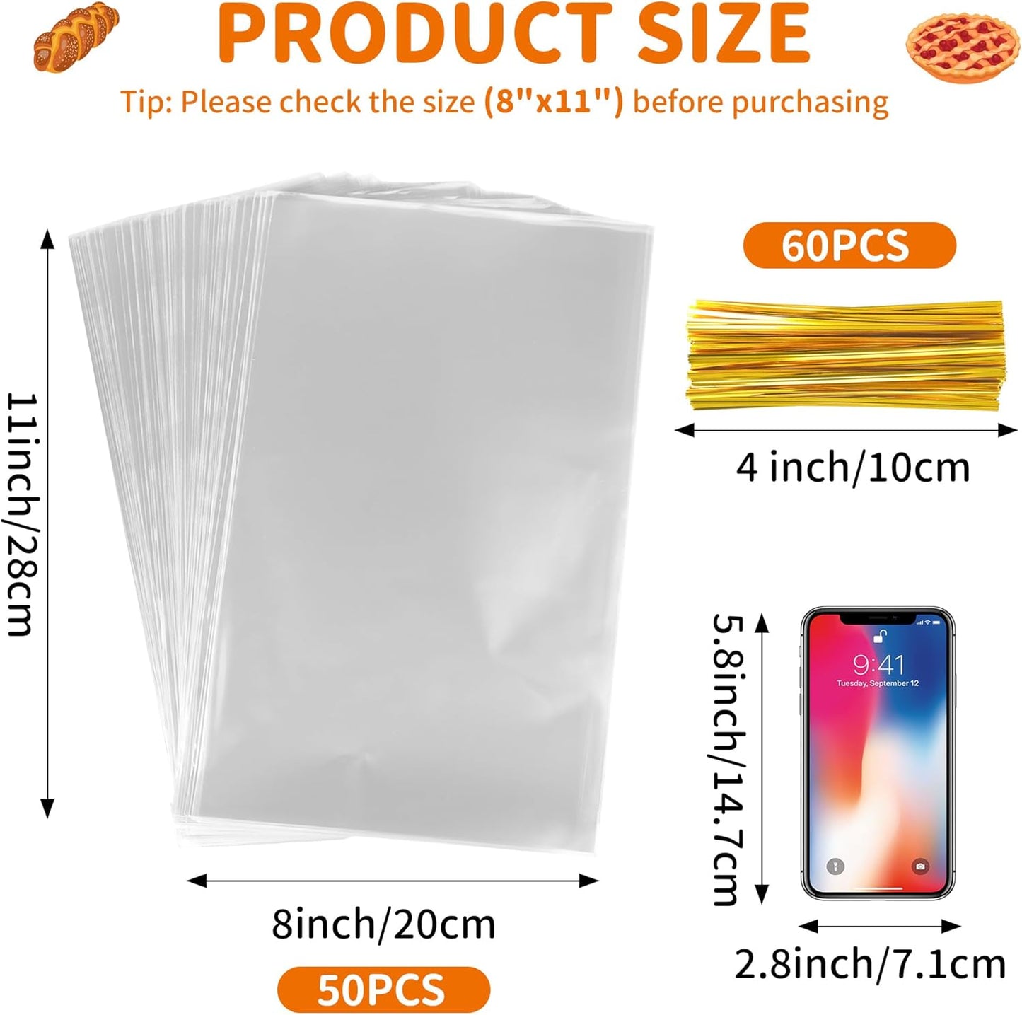 50pcs Clear Cellophane Treat Bags - 8 x 11 Inches Large Plastic Gift Bags with 60 Gold Twist Ties - Food Grade Cello Bags for Packaging Cookies, Candies, Popcorn, Bakery, Party Favors & DIY Crafts