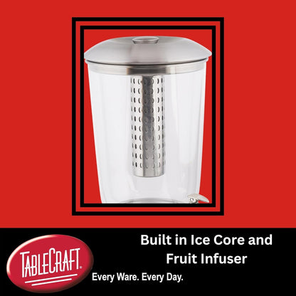 TableCraft 75 Upscale 2.5 Gallon Drink Dispenser with Fruit Infuser & Stand, Tritan & Brushed Stainless Steel, Cold Beverage Dispenser for Catering and Home Use