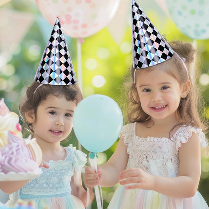 FYSUIMU 30Pcs Iridescent Checkered Birthday Party Hats Holographic Black Checkerboard Design Paper Cone Hat for Race Car Theme Birthday Party Supplies, 5.5 x 7.9 Inch