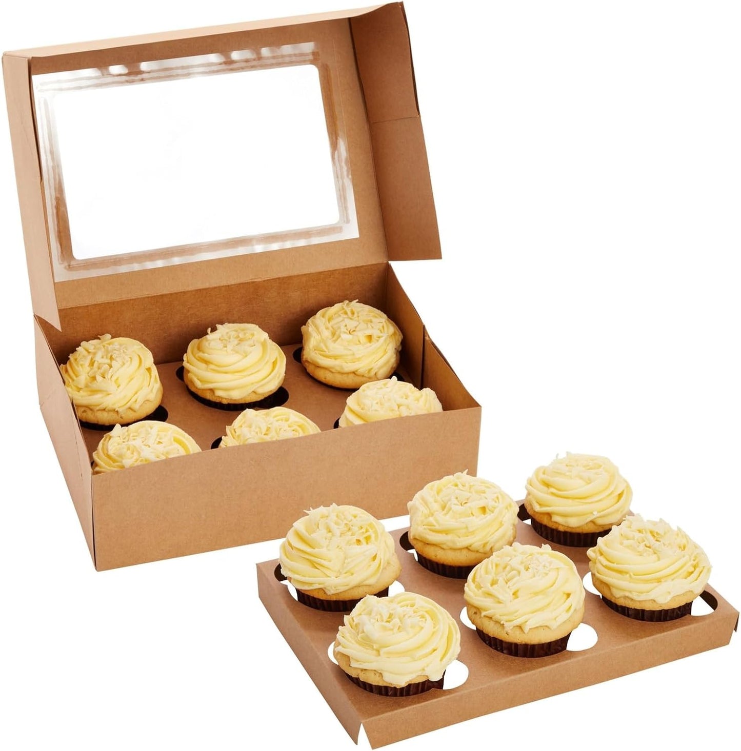 Juvale Cupcake Boxes - 6 x 6 in, 24 Count, Brown - 4-Cup Insert & Clear Window Cupcake Containers & Muffin Boxes