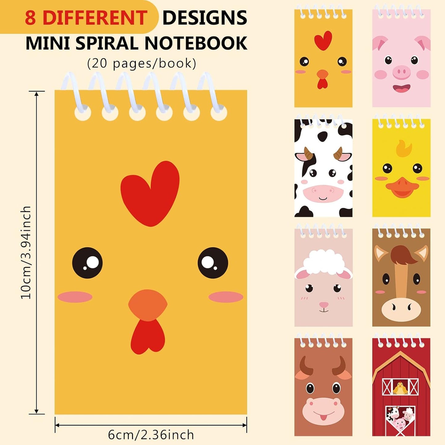 Clabby 24 Pcs Farm Animal Mini Notepad Farm Animal Party Favors for Kids Chick Pocket Journal Notebook Small Barnyard Spiral Notebook Bulk for Summer Birthday Party Decor School Student(Cute Style)