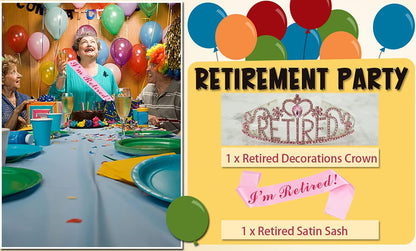 JETKONG Retirement Party Decorations Retired Tiara/Crown, Retired Sash for Women Retirement Gifts, Retirement Party Supplies, Gifts, Favors (Rose Gold)