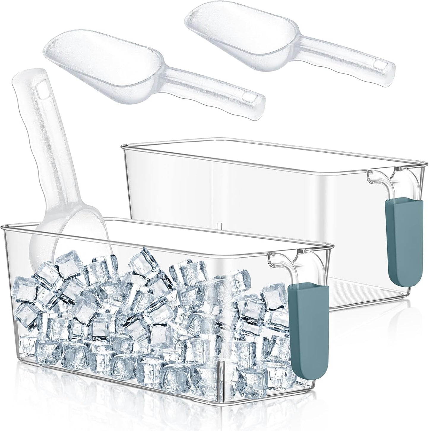Havawish Ice Storage Bin and Flexible Scoop Set Plastic Freezer Bin with Pull Out Handle Storage Bucket Clear for Container with Scoop(Grey,10.83 x 4.92 x 4.33 in,Classic)