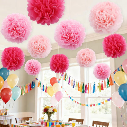 BEISHIDA Hot Pink Tissue Hanging Paper Flowers Ball Decorations Set for Mother's Day Birthday Valentine's Day Anniversary Bridal Baby Shower Wedding Backdrops Home Outdoor Party Supplies(13 Packs)