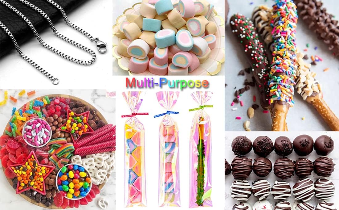 5x7 Inch Iridescent Cellophane Treat Bags with Twist Ties, Treat Bags for Candy Cookie Goodie Chocolates, And Popcorn
