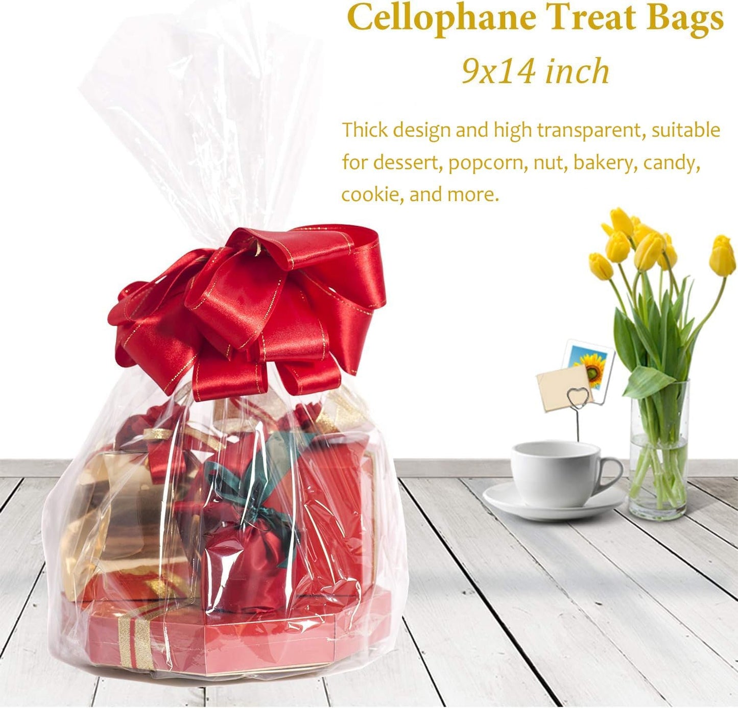Cello Cellophane Treat Bags,5x7 Inches Clear Cellophane Bags 200 Pcs OPP Plastic Treat Bags with 200 Twist Ties for Gift Wrapping,Packaging Candies,Dessert,Bakery, Cookies, Chocolate,Party Favor
