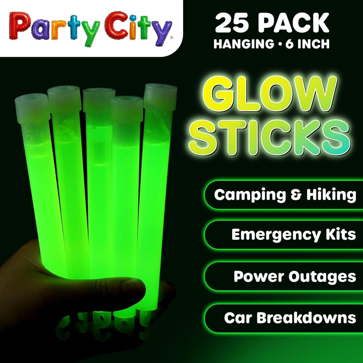 Party City Multicolor Glow Sticks Bulk Pack 6”- 25pk Glow in the Dark Sticks for Kids, Waterproof Camping Survival Ultra Bright Emergency Light Stick with String, Neon Glowsticks Party Supplies Favors