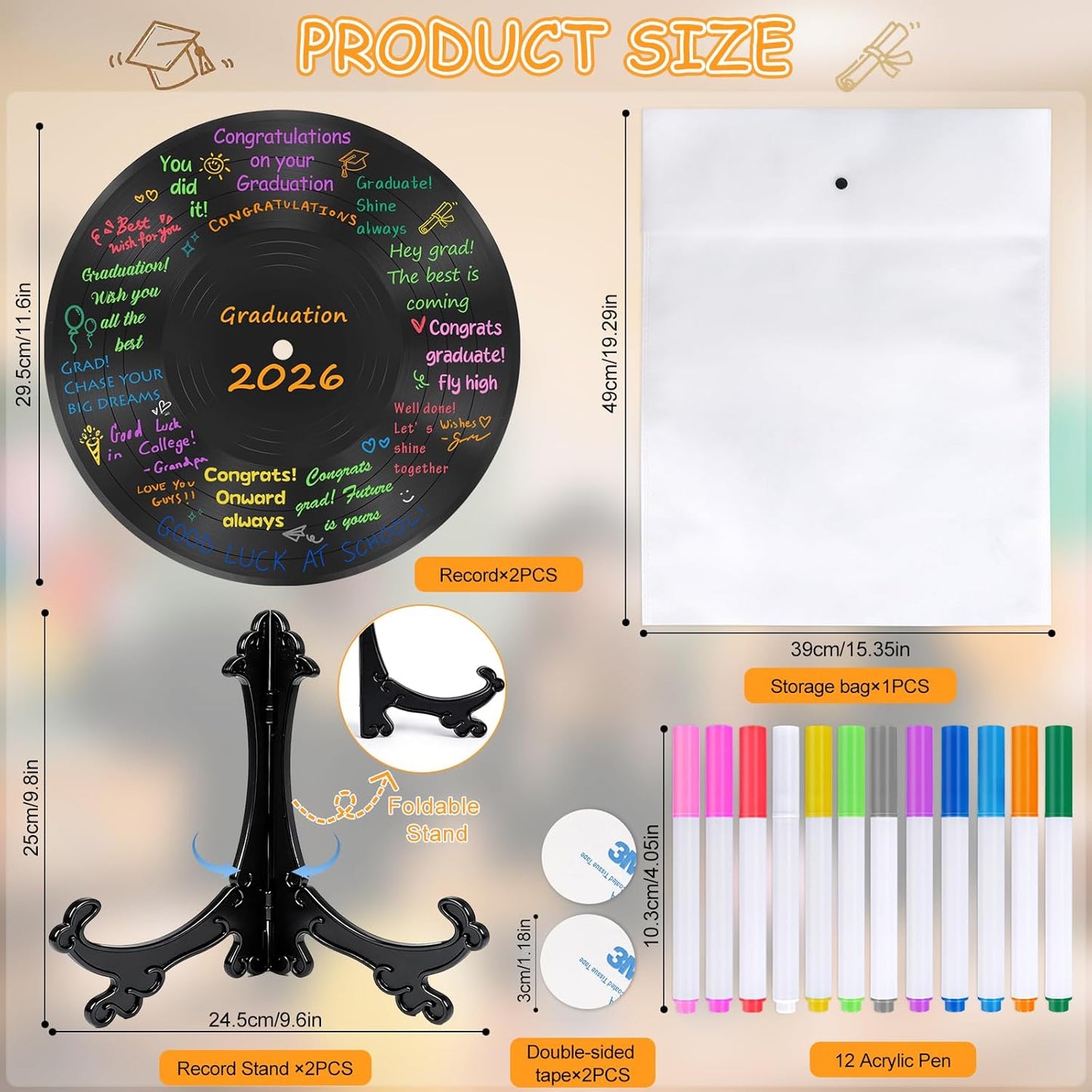 2 Pack Vinyl Record Graduation Guest Book Alternative,Graduation Guest Book Graduation Sign in Book, Congrats Grad Guest Book with Holders Pens Signs for Graduation Party Wedding Birthday