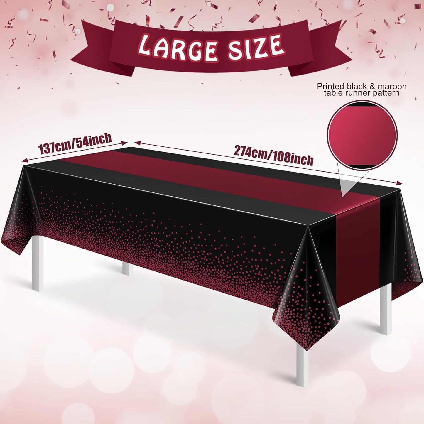 MASHAN 3Pcs Black and Red Tablecloth Party Decorations,Plastic Black Table Cloth Printed Red Table Runner Disposable Rectangle Cover for Birthday Weeding Anniversary Graduation Party,54 x108 Inch